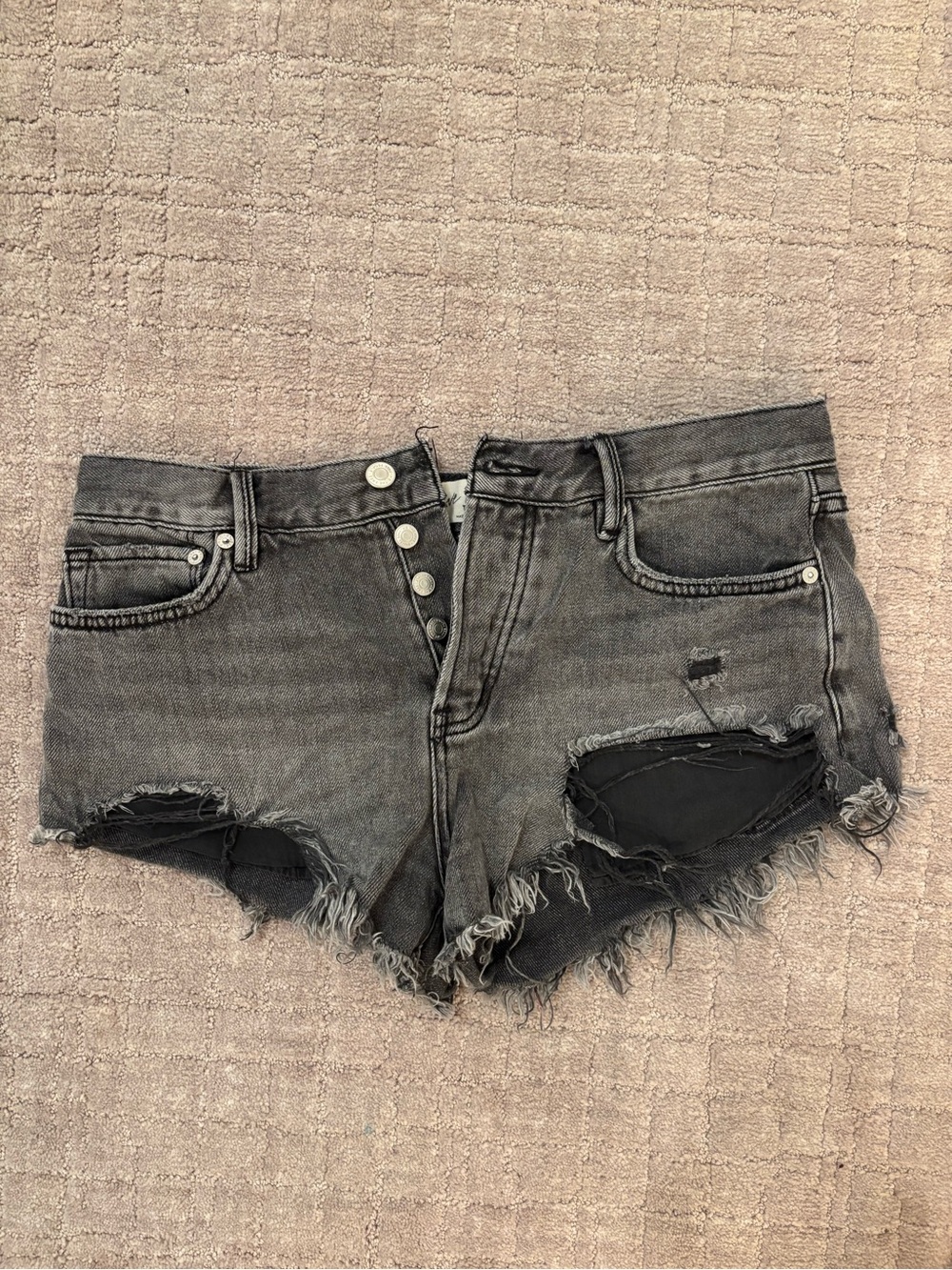 Free People Washed Black Distressed Low-Rise Jean Shorts